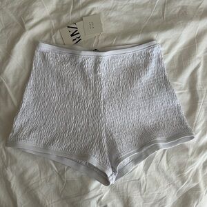 Zara White High Waist Shirred Shorts